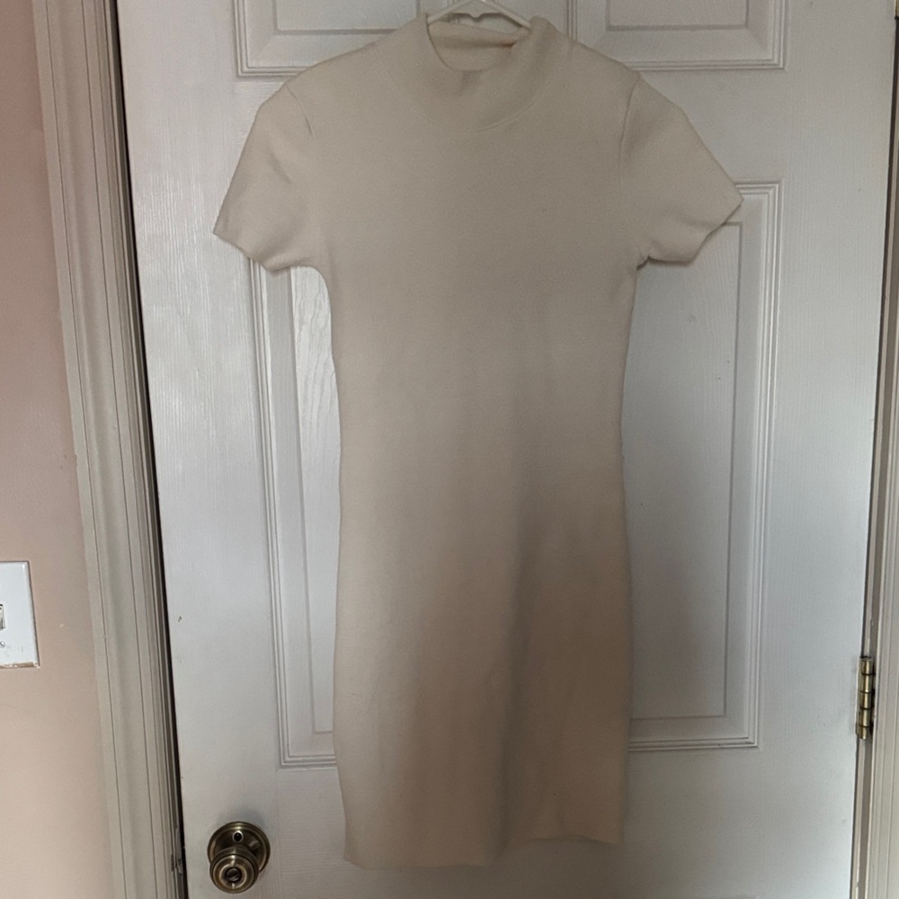 Zara Cream Short-Sleeve Mock-Neck Mini Dress